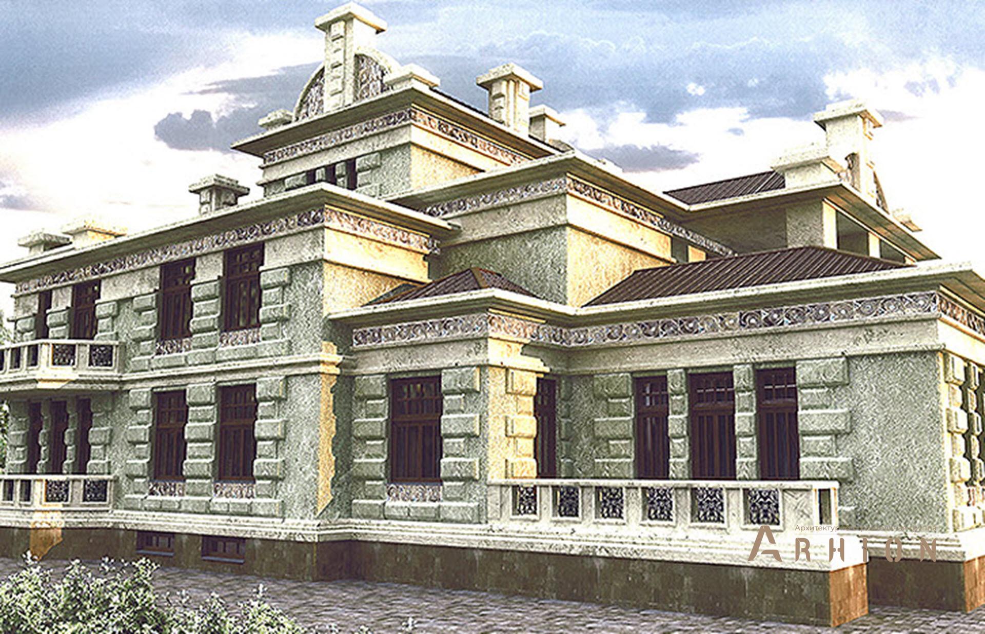 5. Проект двухэтажного дома в замковом стиле с многоскатной кровлей, SOV-8, площадью - 1141 кв c цокольным этажом, терассой, балконом